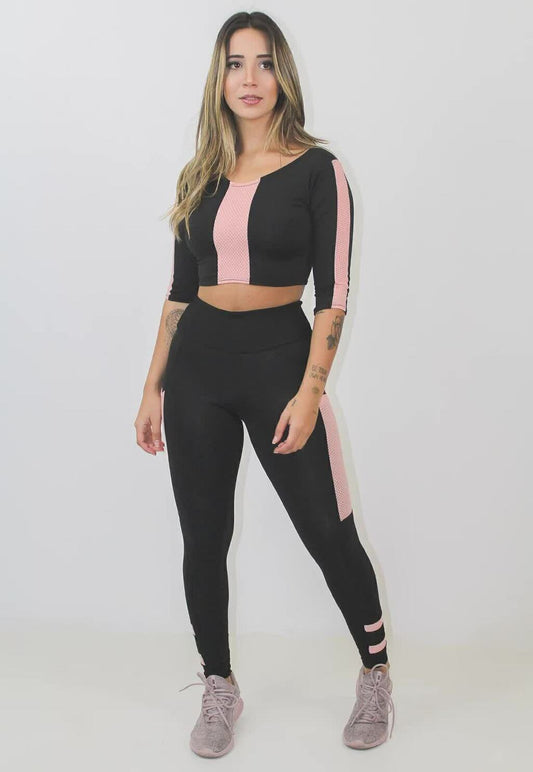 Cropped e Calça Legging Preto Detalhe Rosê