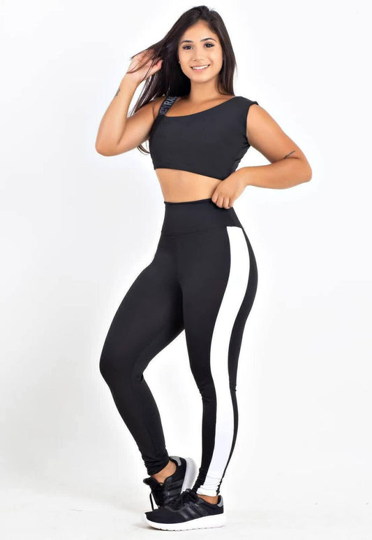 Calça Legging Preto Listra Branca Cropped Preto e Branco