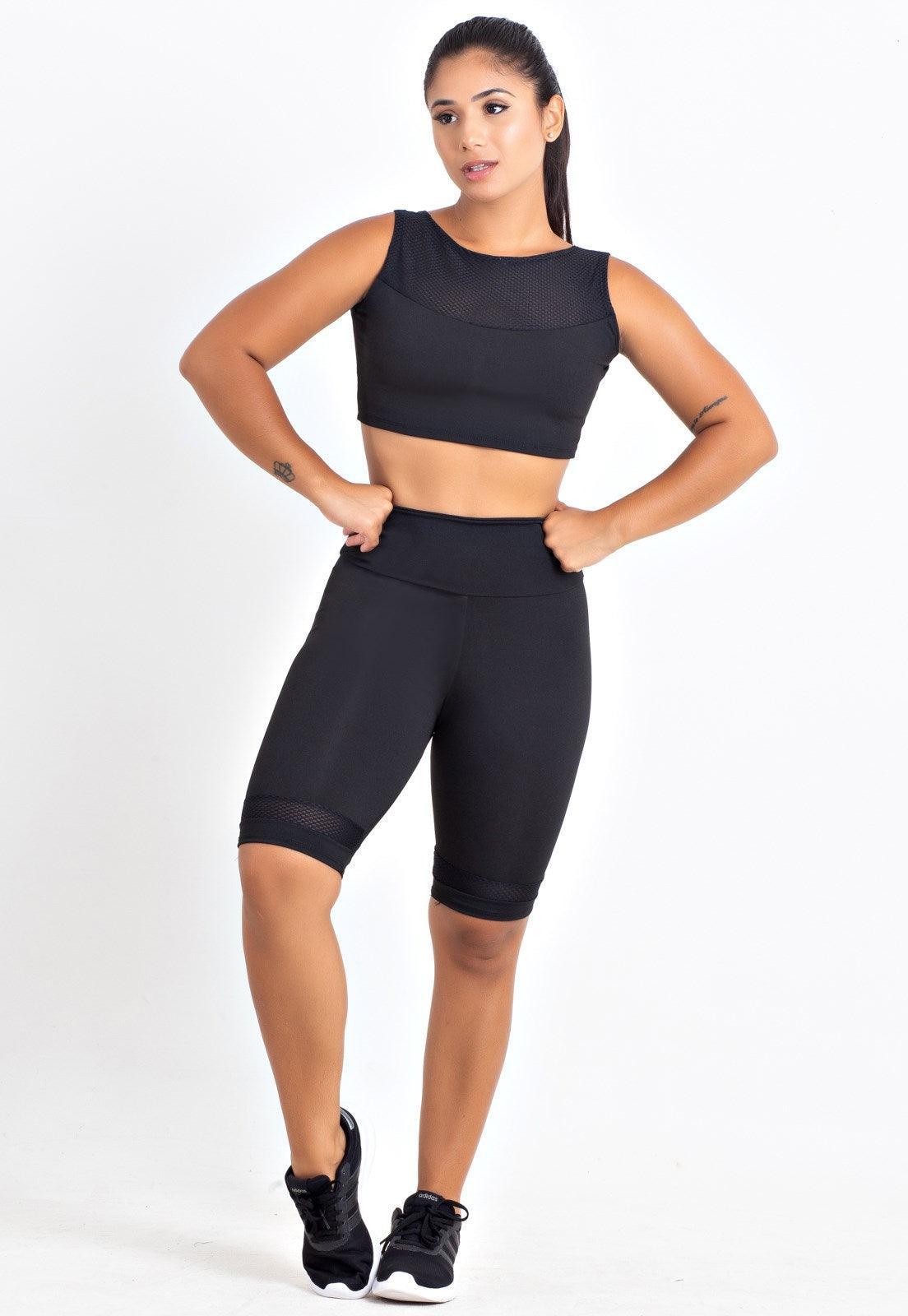 Conjunto Fitness Feminino Bermuda e Cropped Preto REF: LX140 - Loja Outlet Coutinho