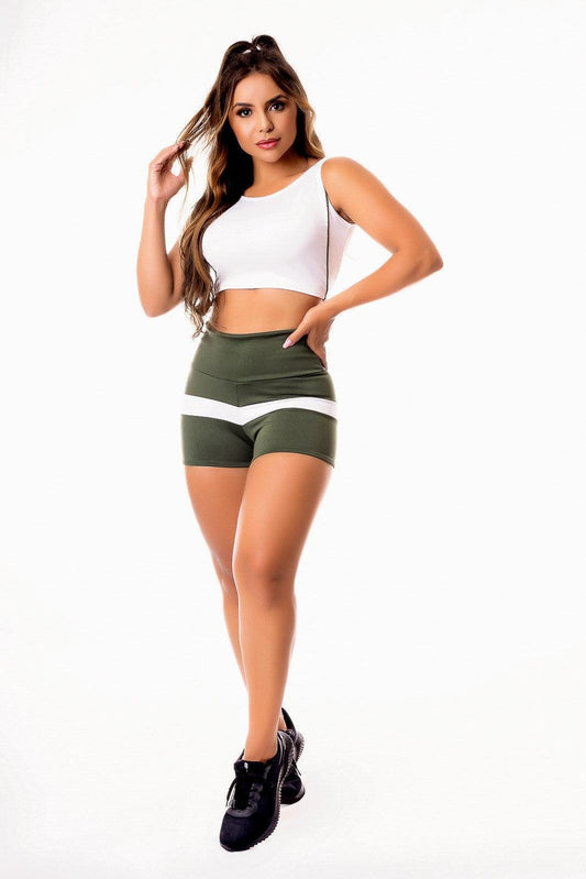 Conjunto Fitness Feminino Short Verde Militar com Branco Cintura Alta e Cropped Regata Branco com Detalhes em Vivo Academia REF: CSV8 - Loja Outlet Coutinho