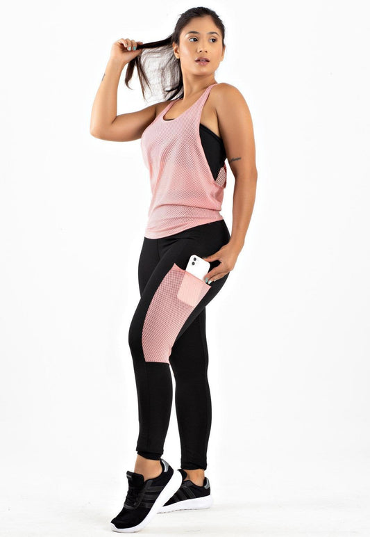 Conjunto Fitness Calça Legging com Bolso em Tela Dry + Regata de Tela + Top Tomara que Caia Preto com Rosé REF: FRD3 - Loja Outlet Coutinho